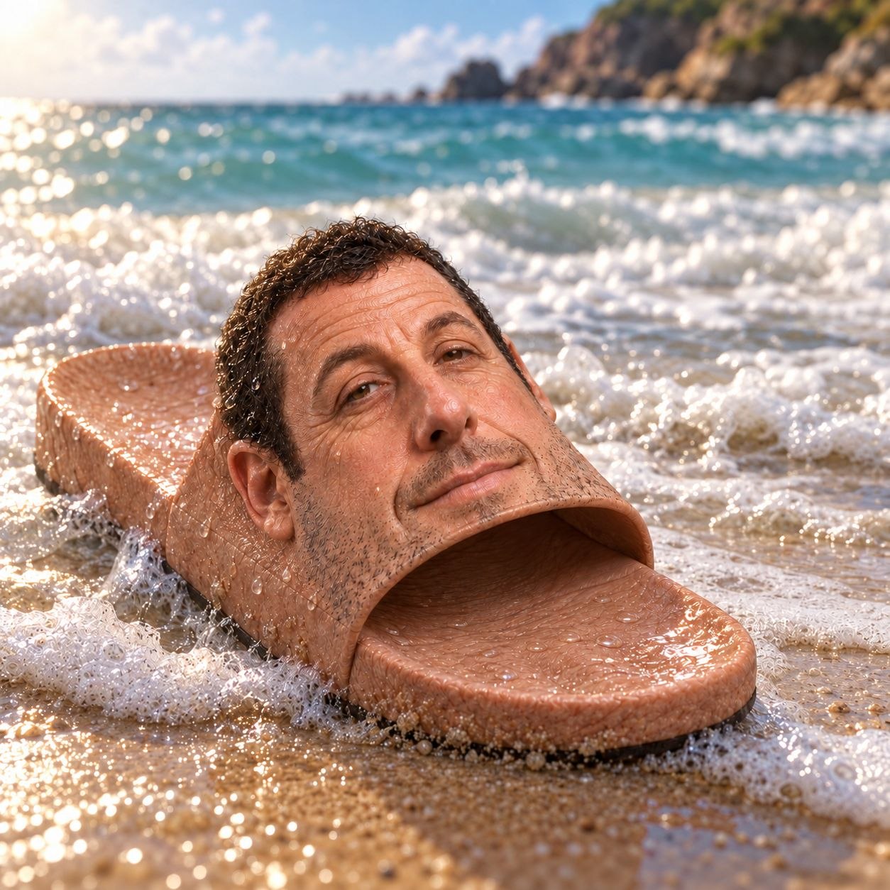 Adam Sandler slide sandal washed up in the surf on a sunny beach
