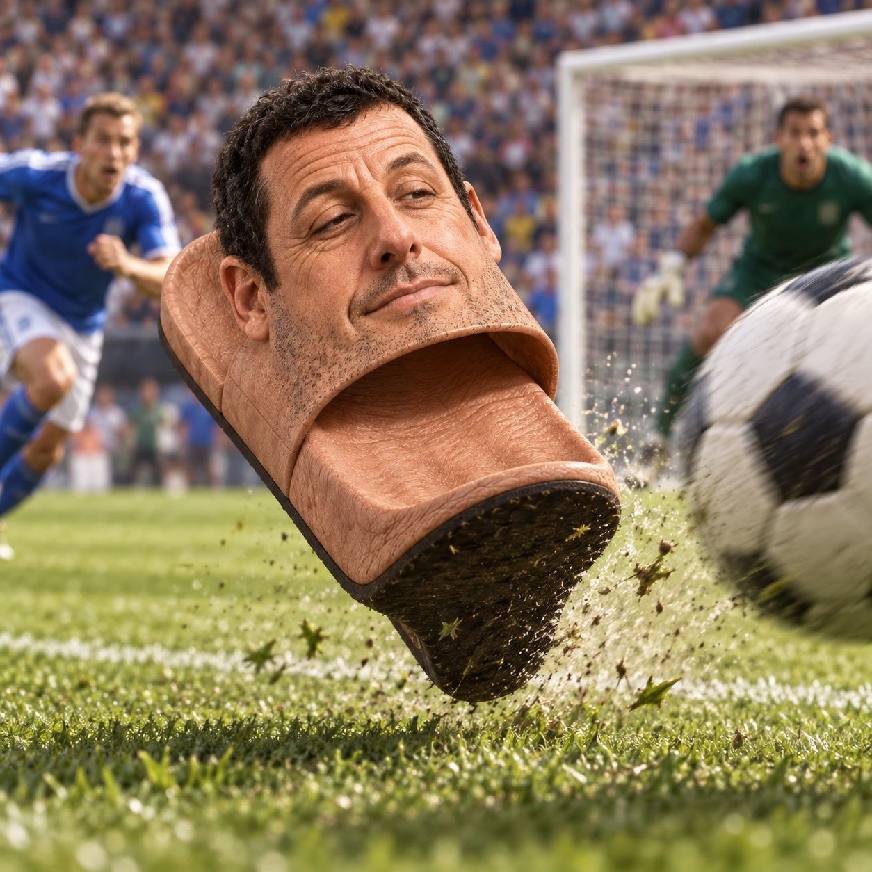 Adam Sandler slide sandal kicking a soccer ball toward the goal in a packed stadium