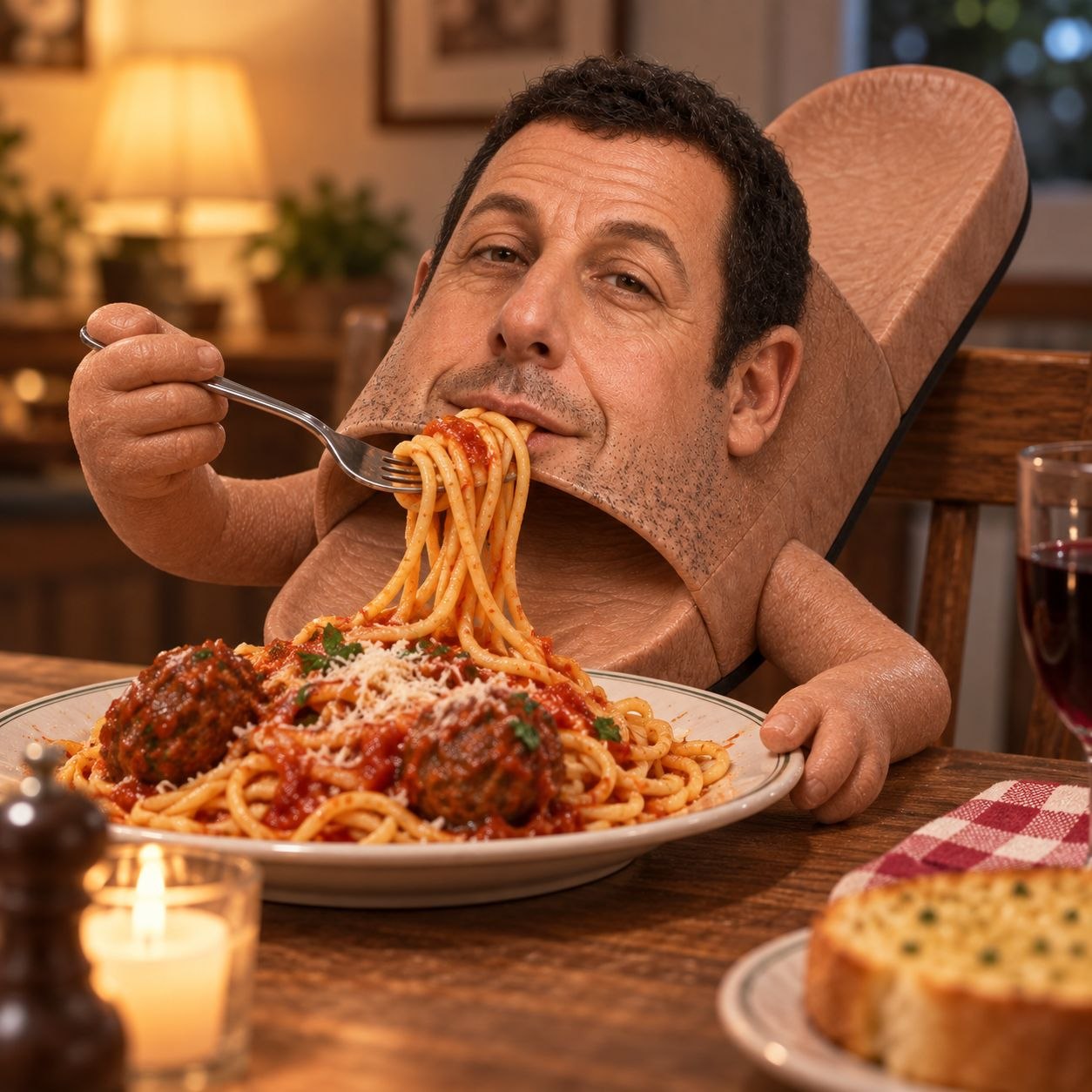 Adam Sandler slide sandal eating spaghetti and meatballs at a candlelit dinner table